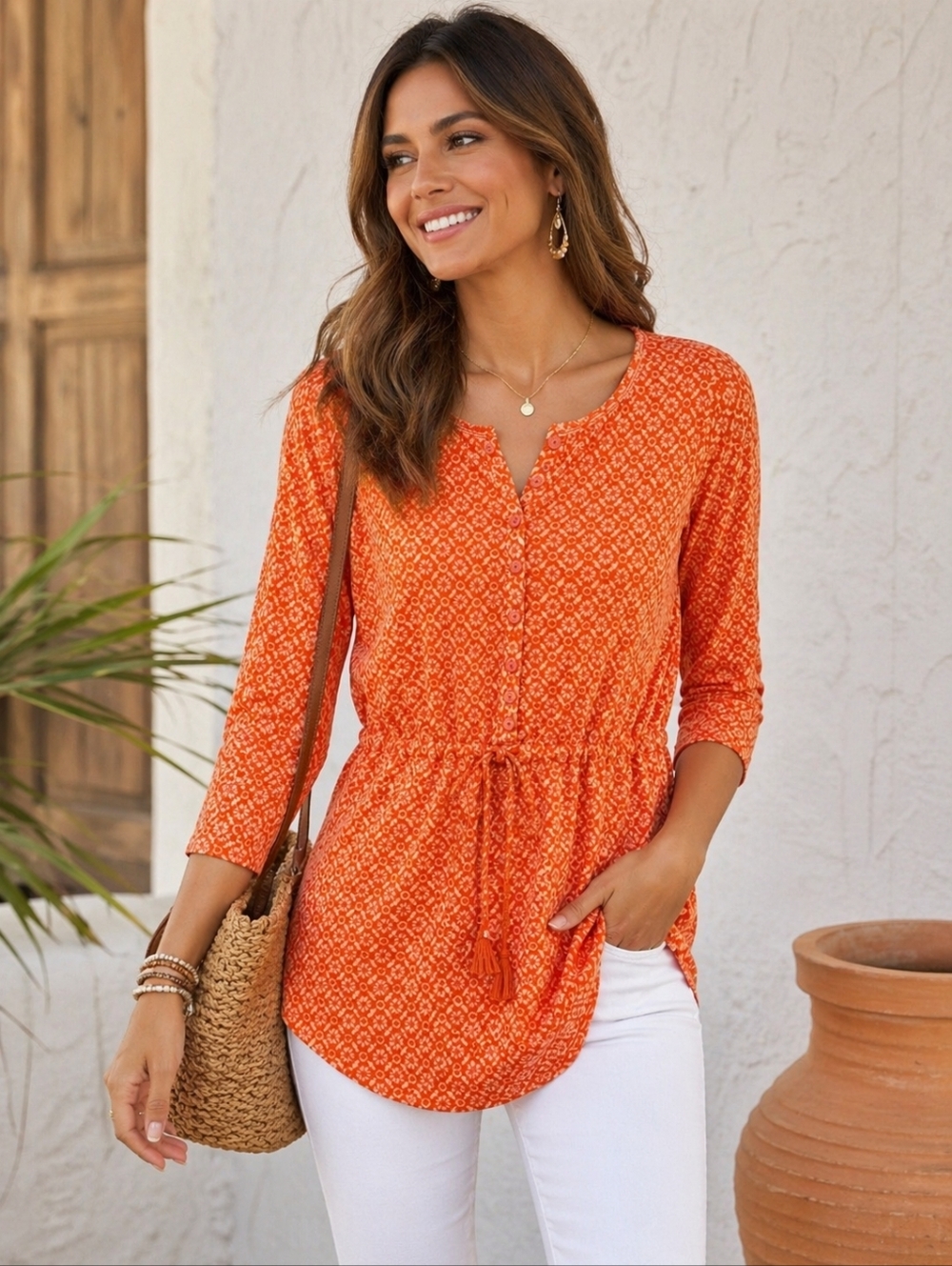 Lauren Ralph Lauren Boho Tunic Top Orange Print Tassel Tie S